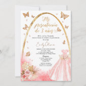 ピンクのドレスの女の子による3歳のプレゼンテーション スペイン語 招待状 (正面)