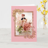 ピンクのドレスの素敵なヴィンテージレディ カード (黄色い花)