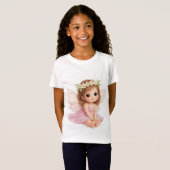 ピンクのドレスの花冠の女の子妖精 Tシャツ (正面フル)