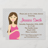ピンクのドレスの赤ちゃんシャワーのブルネット妊婦 招待状 (正面/裏面)