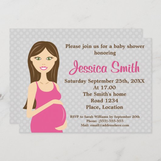 ピンクのドレスの赤ちゃんシャワーのブルネット妊婦 招待状 (正面/裏面)