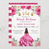 ピンクのドレスの黒髪のプリンセス スイート16 招待状 (正面/裏面)