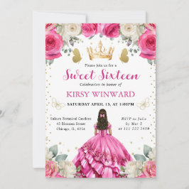 ピンクのドレスの黒髪のプリンセス スイート16 招待状