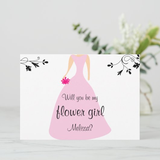 ピンクのドレスは私の花の女の子？名前をカスタムする 招待状 (スタンド正面)