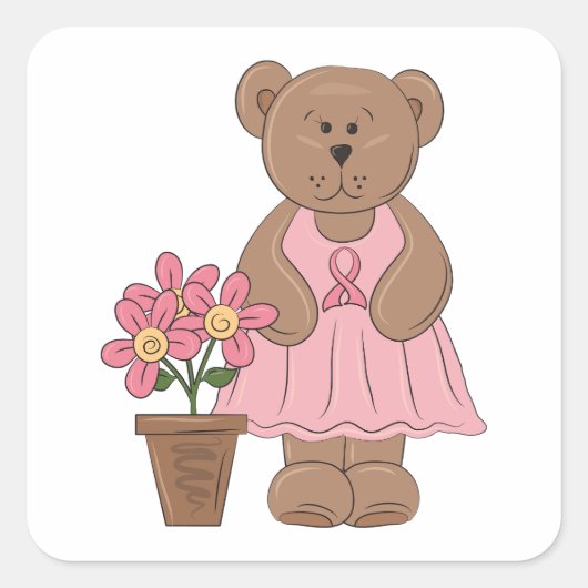 ピンクのドレスを着た乳がん認識度クマ スクエアシール (正面)