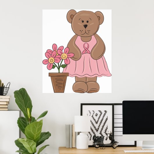 ピンクのドレスを着た乳がん認識度クマ ポスター (ホームオフィス)