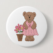 ピンクのドレスを着た乳がん認識度クマ 缶バッジ (正面)