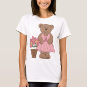 ピンクのドレスを着た乳がん認識度クマ Tシャツ (正面)