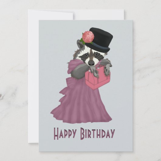 ピンクのドレスを着た可愛いラクーンガールハッピーバースデー シーズンカード (正面)