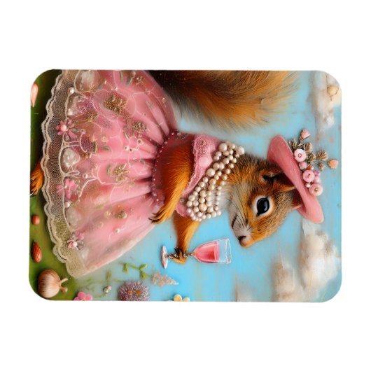 ピンクのドレスを着た愛らしいリス マグネット (横)