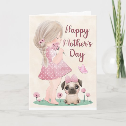 ピンクのドレスを着てパグの子犬を母の日に カード (正面)