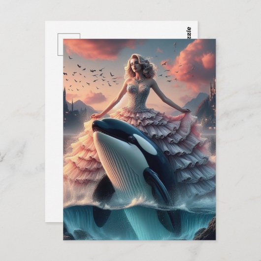 ピンクのドレスキファンシーラー・ホエールライドの女性 ポストカード (正面/裏面)