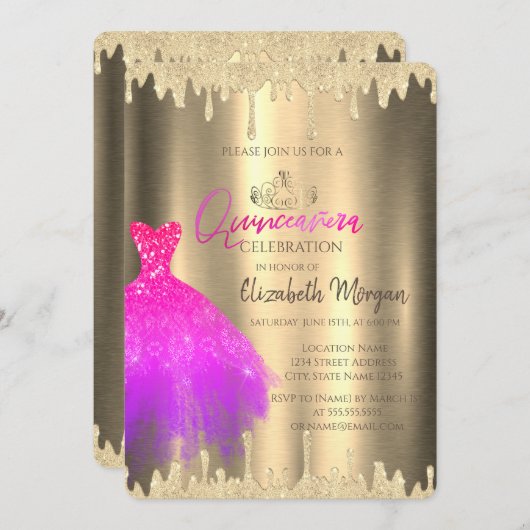 ピンクのドレス、ティアラ、グリッターが滴るゴールドのキンセアニェラ 招待状 (正面/裏面)