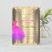 ピンクのドレス、ティアラ、グリッターが滴るゴールドのキンセアニェラ 招待状 (スタンド正面)