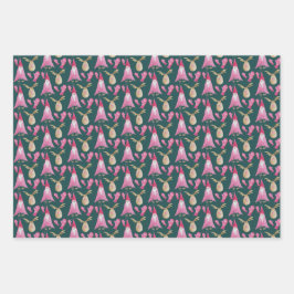 ピンクのドワーフとトナカイの水彩模様 ラッピングペーパーシート