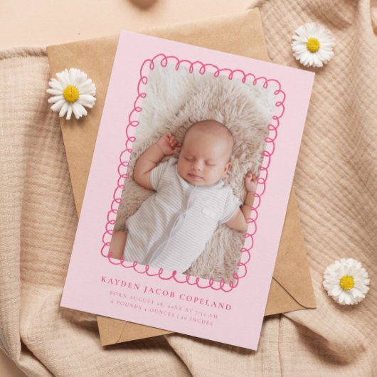 ピンクのドードルフレーム誕生発表写真 案内状
