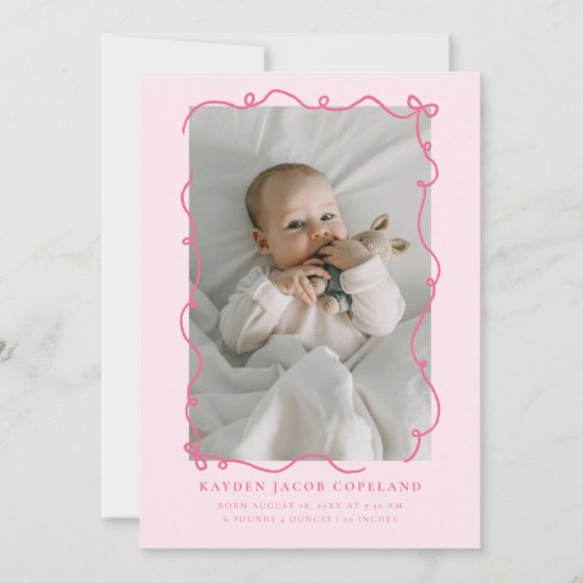 ピンクのドードル弓フレーム誕生発表写真 案内状 (正面)