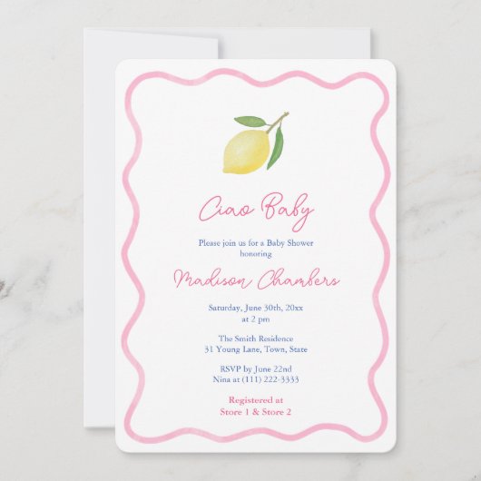 ピンクのドードル縁どレモンベビーガールシャワー 招待状 (正面)