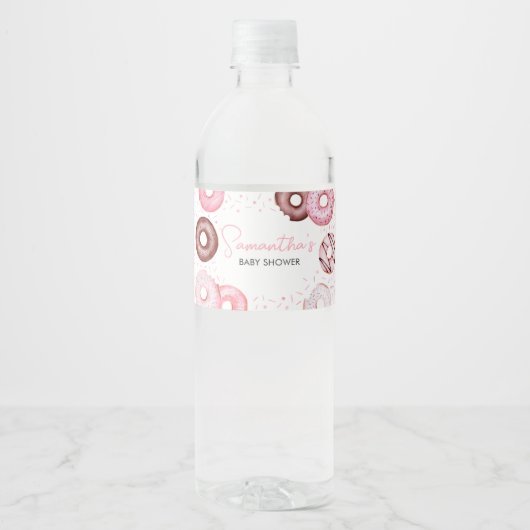 ピンクのドーナツとおむつ赤ちゃんシャワー ペットボトルラベル (正面)