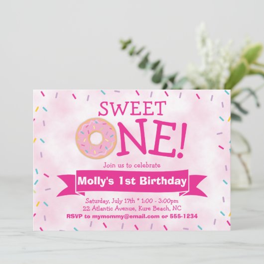 ピンクのドーナツと振りかけるパーティー女の子1st誕生日 招待状 (スタンド正面)