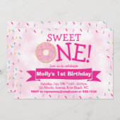 ピンクのドーナツと振りかけるパーティー女の子1st誕生日 招待状 (正面/裏面)