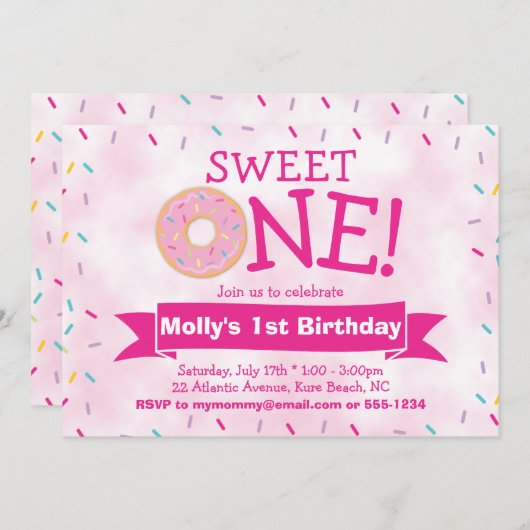 ピンクのドーナツと振りかけるパーティー女の子1st誕生日 招待状 (正面/裏面)