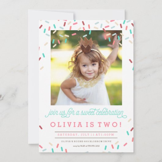 ピンクのドーナツにスパンコール お誕生日のご招待 招待状 (正面)