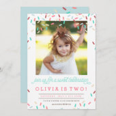 ピンクのドーナツにスパンコール お誕生日のご招待 招待状 (正面/裏面)