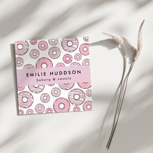 ピンクのドーナツのパターン，ケーキ屋，ペストリーショップ スクエア名刺