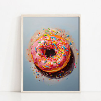ピンクのドーナツの静物画 モダンポップアートのカラフルな食品プリント トレンディなレトロ絵画 静物画 ポスター