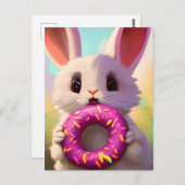 ピンクのドーナツを持つ愛らしい白うさぎ ポストカード (正面/裏面)