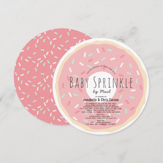 ピンクのドーナツベイビースプリンクルシャワーメールサークル 招待状 (正面/裏面)