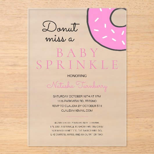 ピンクのドーナツベビー散水女の子ベビーシャワー アクリル招待状 (正面)