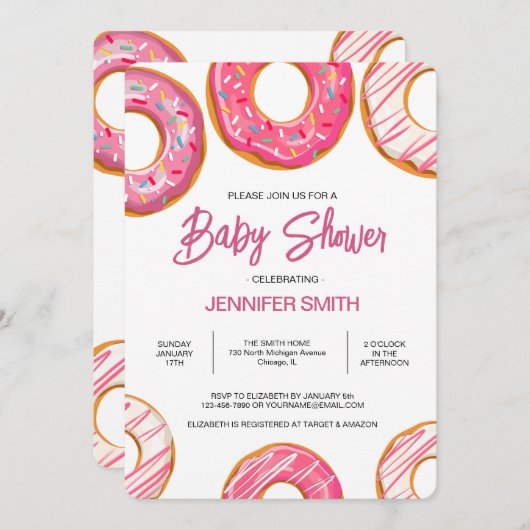 ピンクのドーナツ散水女の子の赤ちゃんシャワー 招待状 (正面/裏面)