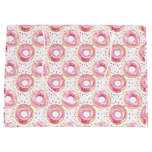 ピンクのドーナツ水彩誕生日パーティーバッグ ラージペーパーバッグ (正面)