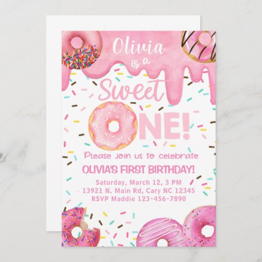 ピンクのドーナツ甘い1女の子の誕生日招待状。 招待状 (正面/裏面)