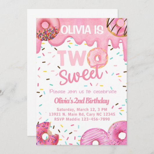 ピンクのドーナツ甘い2人の女の子2nd誕生日招待状。 招待状 (正面/裏面)