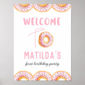 ピンクのドーナツ誕生日パーティー歓迎サイン ポスター (正面)