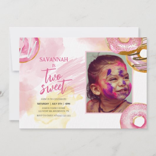 ピンクのドーナツ2つの甘い写真2番目の誕生日 招待状 (正面)
