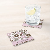 ピンクのドーナツ，ブラウンドーナツ，ふりかけ，あなたの名前 スクエアペーパーコースター (インサイチュ)