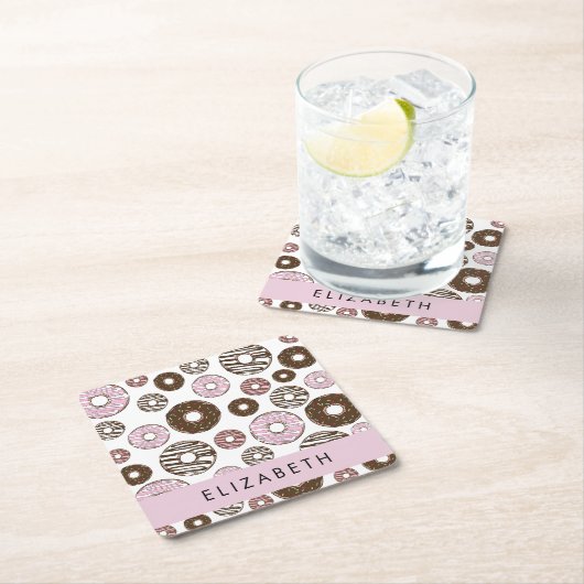 ピンクのドーナツ,ブラウンドーナツ,ふりかけ,あなたの名前 スクエアペーパーコースター (インサイチュ)
