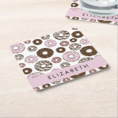 ピンクのドーナツ,ブラウンドーナツ,ふりかけ,あなたの名前 スクエアペーパーコースター (アングル)