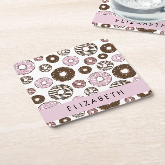 ピンクのドーナツ，ブラウンドーナツ，ふりかけ，あなたの名前 スクエアペーパーコースター (アングル)