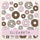 ピンクのドーナツ,ブラウンドーナツ,ふりかけ,あなたの名前 スクエアペーパーコースター (正面)