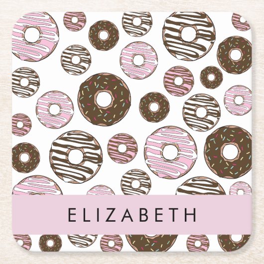 ピンクのドーナツ，ブラウンドーナツ，ふりかけ，あなたの名前 スクエアペーパーコースター (正面)