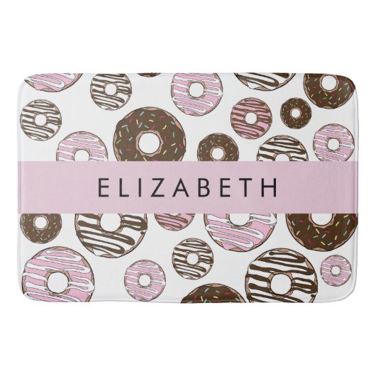 ピンクのドーナツ，ブラウンドーナツ，ふりかけ，あなたの名前 バスマット (正面)