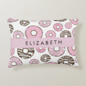 ピンクのドーナツ，白のドーナツ，ふりかけ，あなたの名前 アクセントクッション (正面)