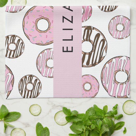 ピンクのドーナツ,白のドーナツ,ふりかけ,あなたの名前 キッチンタオル (折り畳み)
