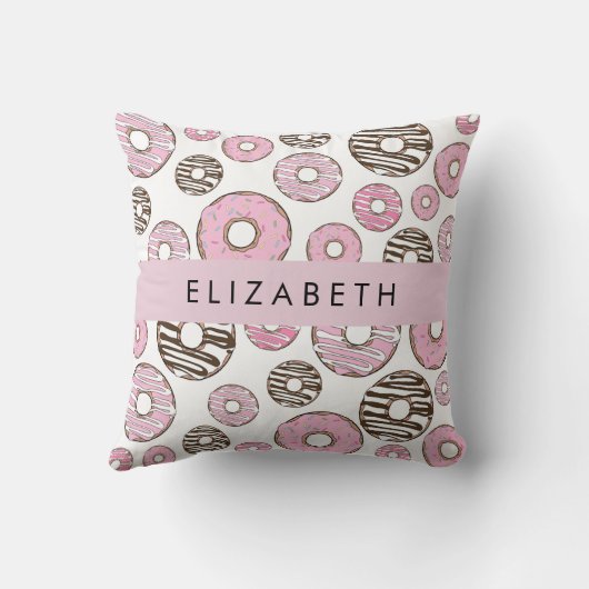 ピンクのドーナツ，白のドーナツ，ふりかけ，あなたの名前 クッション (裏面)