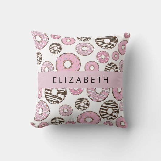 ピンクのドーナツ，白のドーナツ，ふりかけ，あなたの名前 クッション (正面)